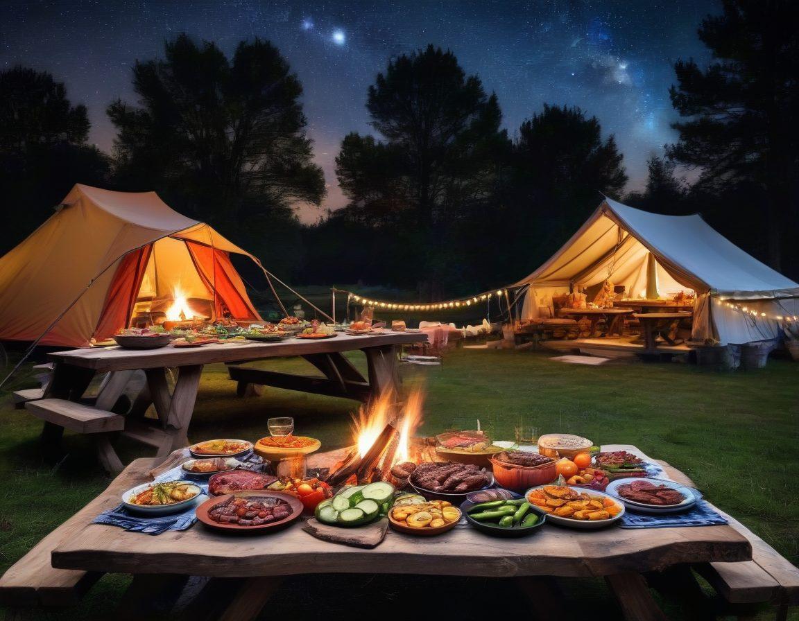 A cozy camping scene with a roaring campfire surrounded by beautifully cooked dishes, showcasing vibrant colors of grilled vegetables and juicy meats. Include a starry night sky above and a rustic picnic table laden with colorful ingredients, pots, and cooking utensils. Add a tent in the background, with soft glowing lights to enhance the warmth of outdoor cooking. super-realistic. vibrant colors. nighttime ambiance.