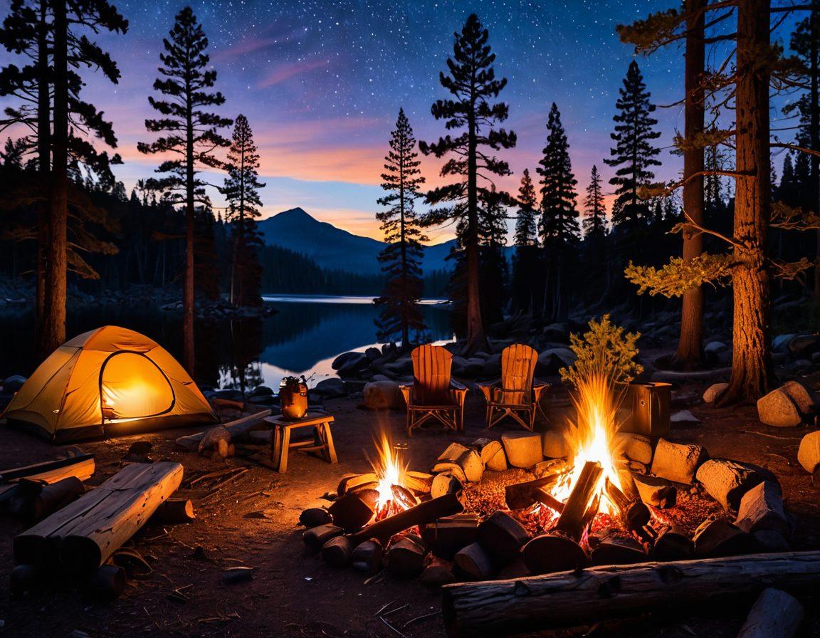 A cozy campsite scene at dusk featuring a glowing campfire surrounded by rustic camping gear like tents, hiking backpacks, and a cast-iron skillet cooking a hearty meal. In the background, tall pine trees touch a starry sky, creating a sense of serenity and adventure. Emphasize a warm color palette with bright flames contrasted against the cool night. painterly style. warm colors. nature-inspired.