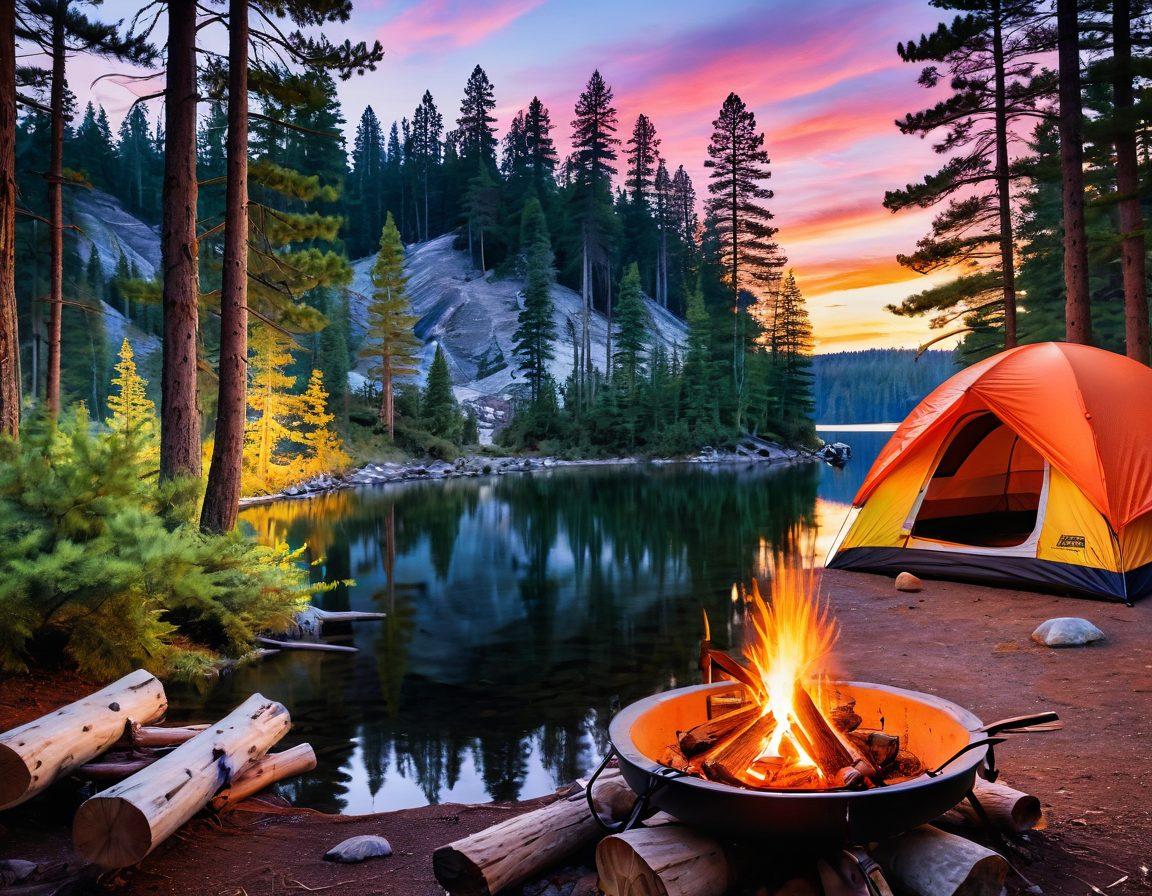 An inviting campsite scene showcasing essential camping gear, including a colorful tent, a cozy campfire with flickering flames, and scattered outdoor equipment like a backpack, cooking utensils, and a lantern. Surrounding the campsite are tall pine trees and a serene lake reflecting the sunset skies. The atmosphere is warm and inviting, evoking a sense of adventure and tranquility. watercolor artwork. vibrant colors. soft focus.